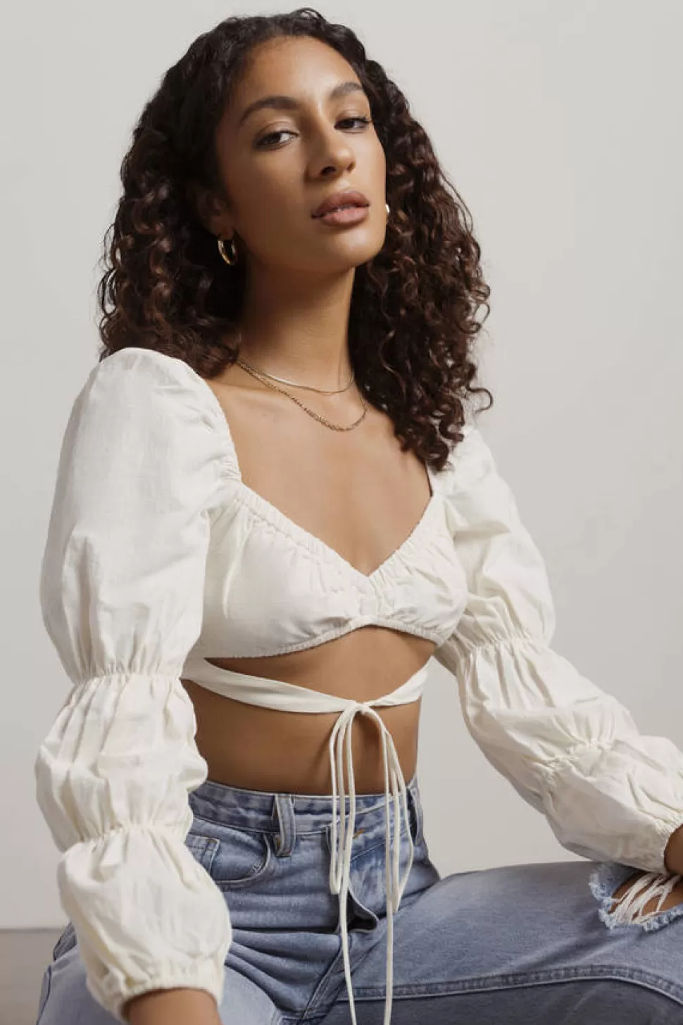 Puff Sleeve Tops*Tobi Make It There Puff Sleeve Cutout Crop Top Cream