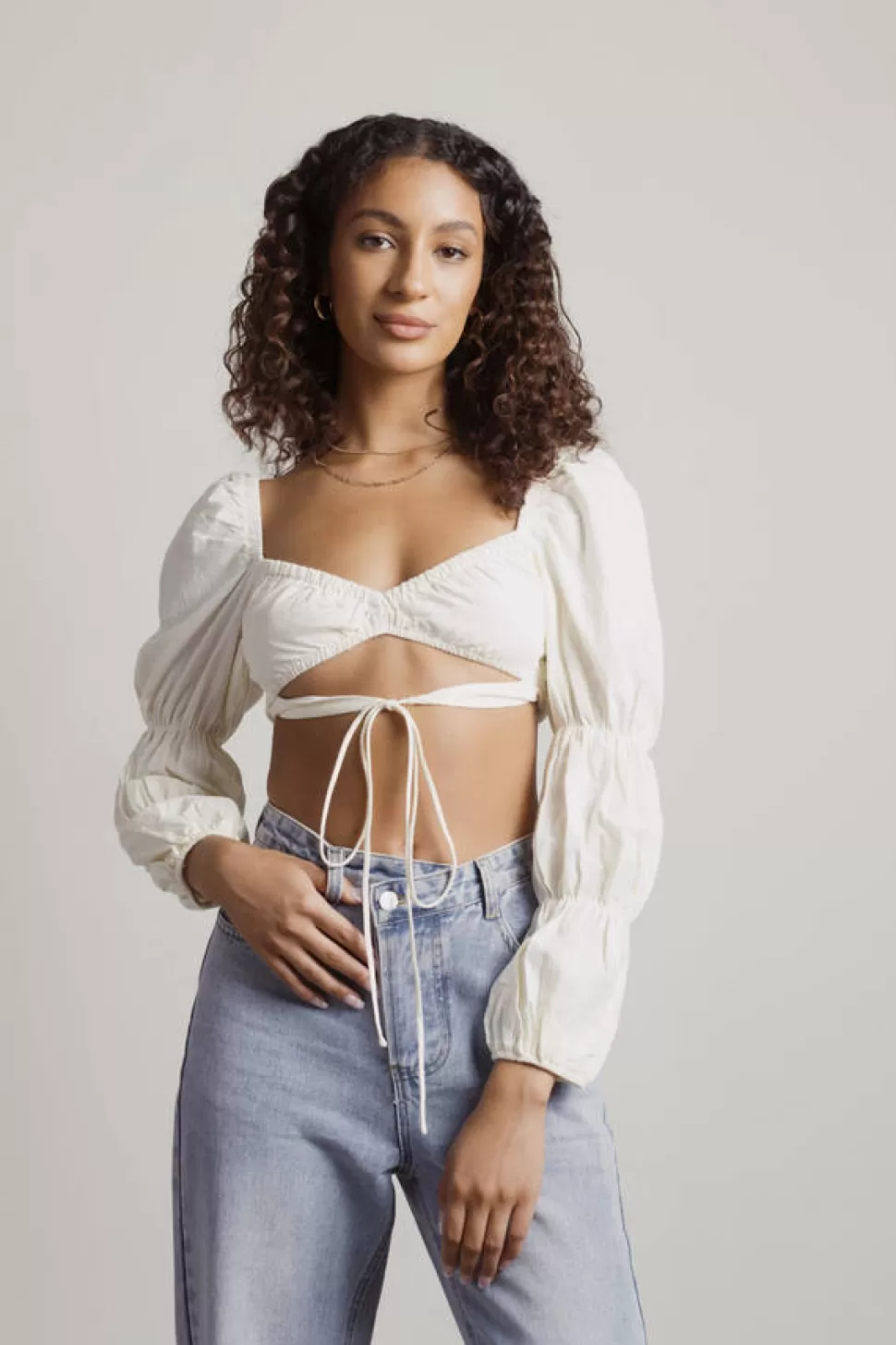 Puff Sleeve Tops*Tobi Make It There Puff Sleeve Cutout Crop Top Cream