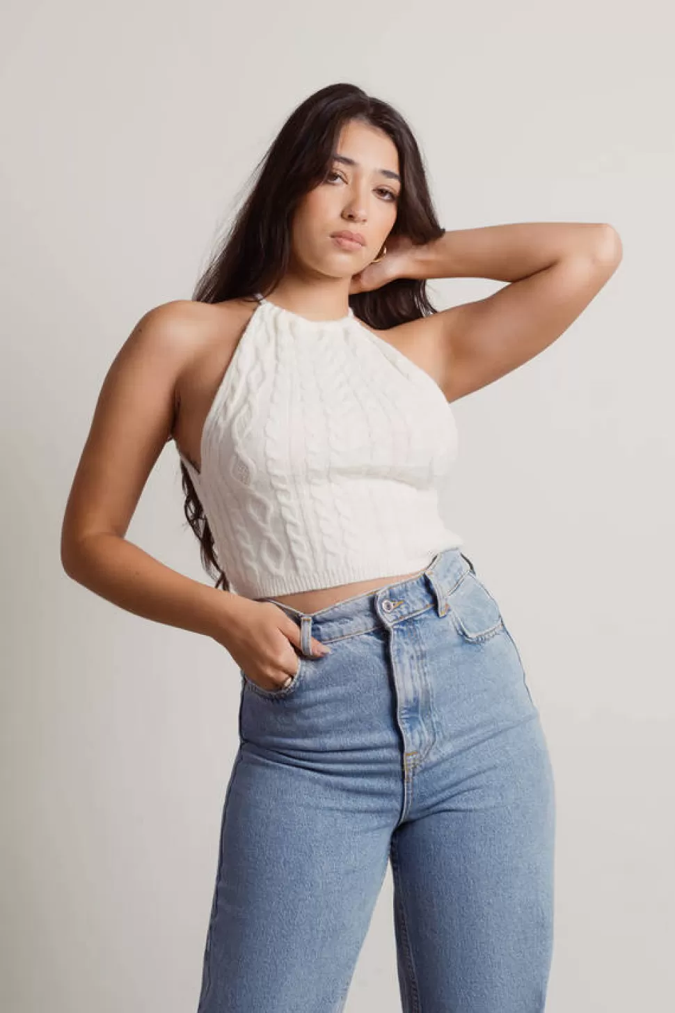 Going Out Tops*Tobi Maliyah Cable Knit Halter Tie Crop Top Cream