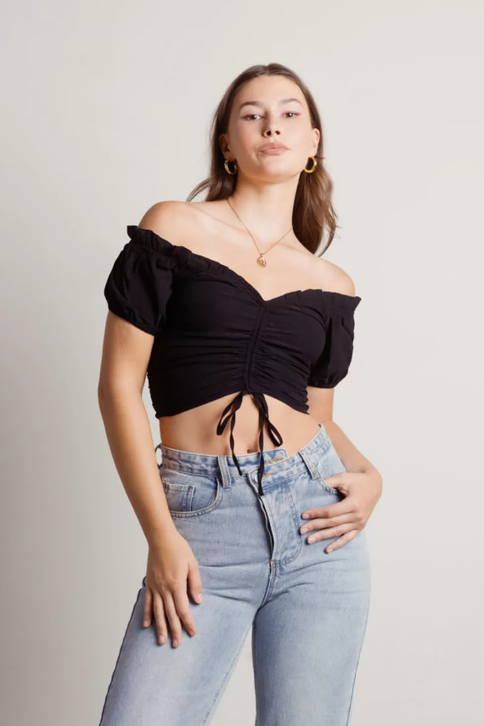 Crop Tops*Tobi Margaret Off Shoulder Ruched Crop Top Black | White | Sky Blue