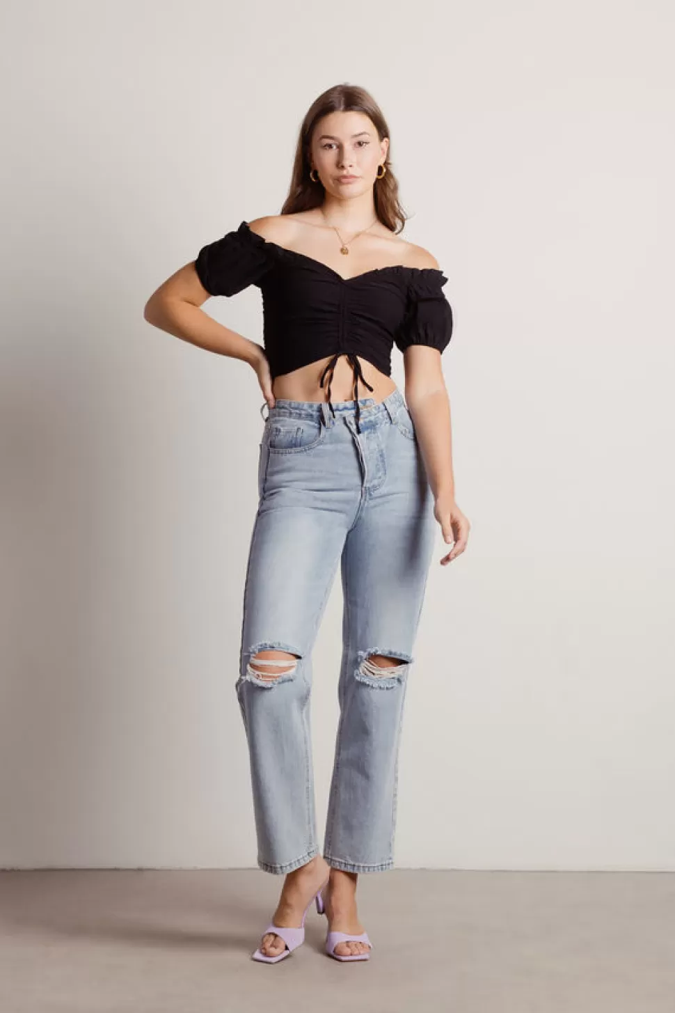 Crop Tops*Tobi Margaret Off Shoulder Ruched Crop Top Black | White | Sky Blue