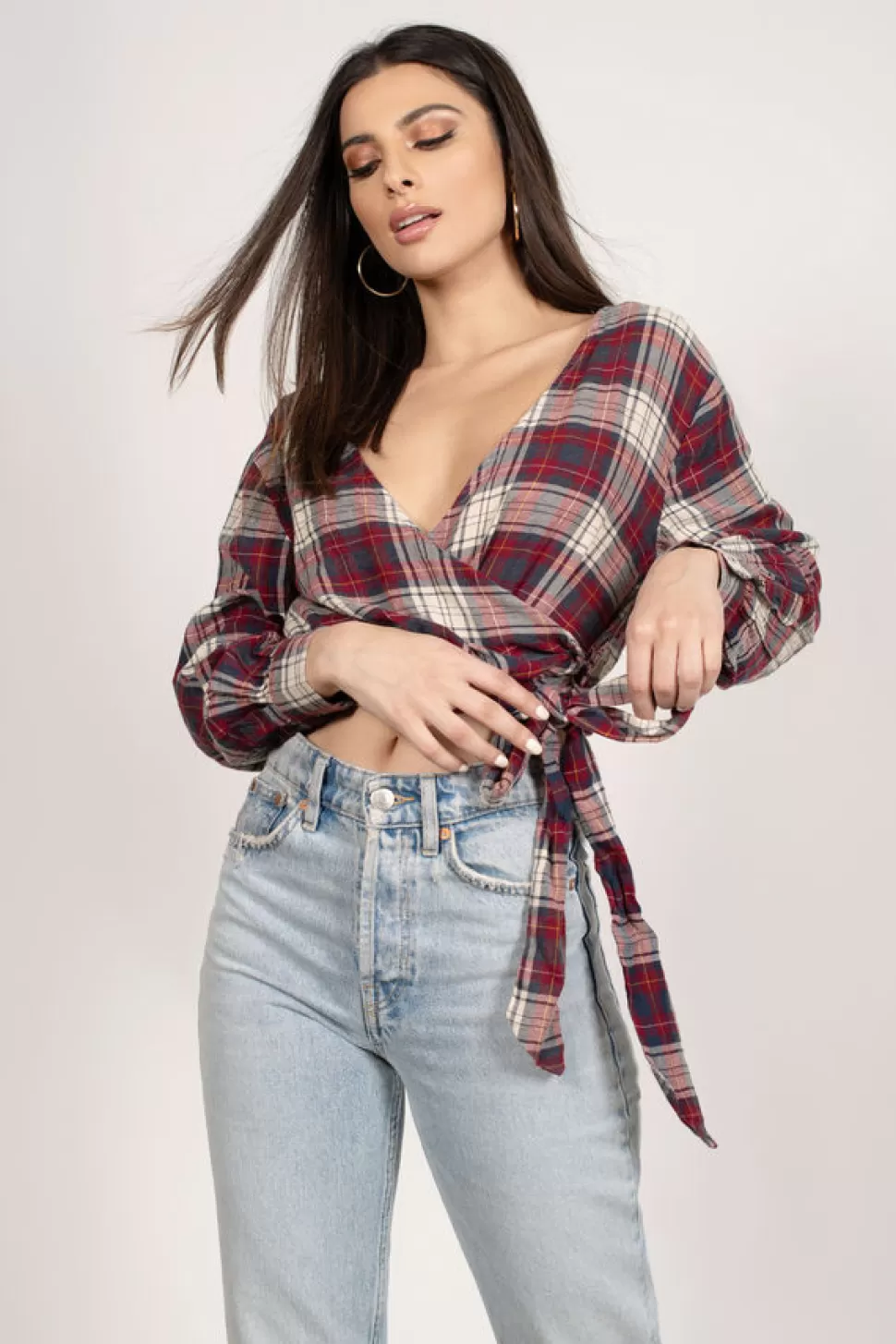 Red Tops*Tobi Margaux Surplice Plaid Crop Top Red Multi