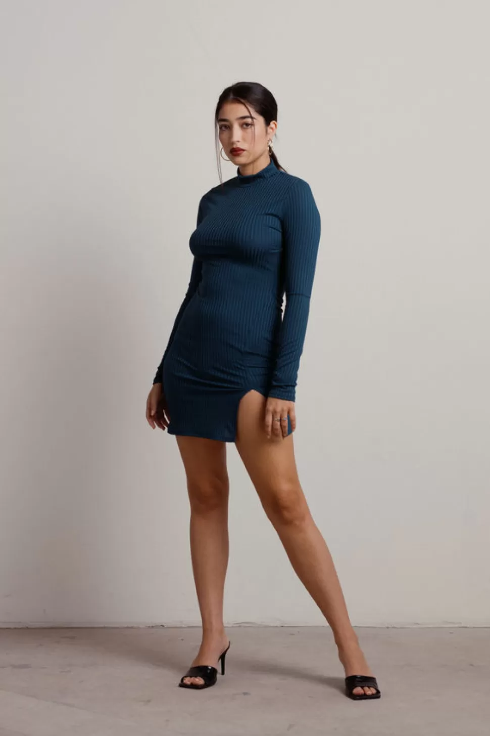 Bodycon Dresses*Tobi Mary Anne Ribbed Mock Neck Slit Bodycon Dress Teal