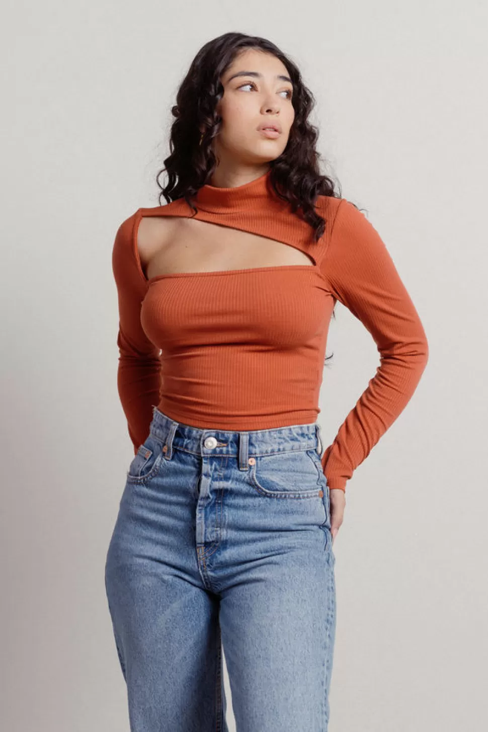 Long Sleeve Tops*Tobi Mason Ribbed Long Sleeve Cut Out Crop Top Rust