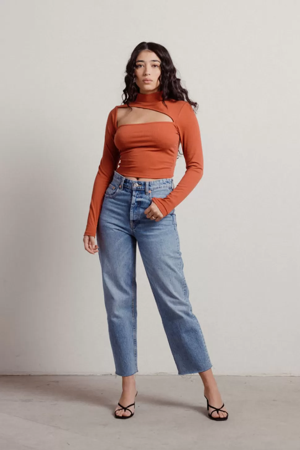 Long Sleeve Tops*Tobi Mason Ribbed Long Sleeve Cut Out Crop Top Rust