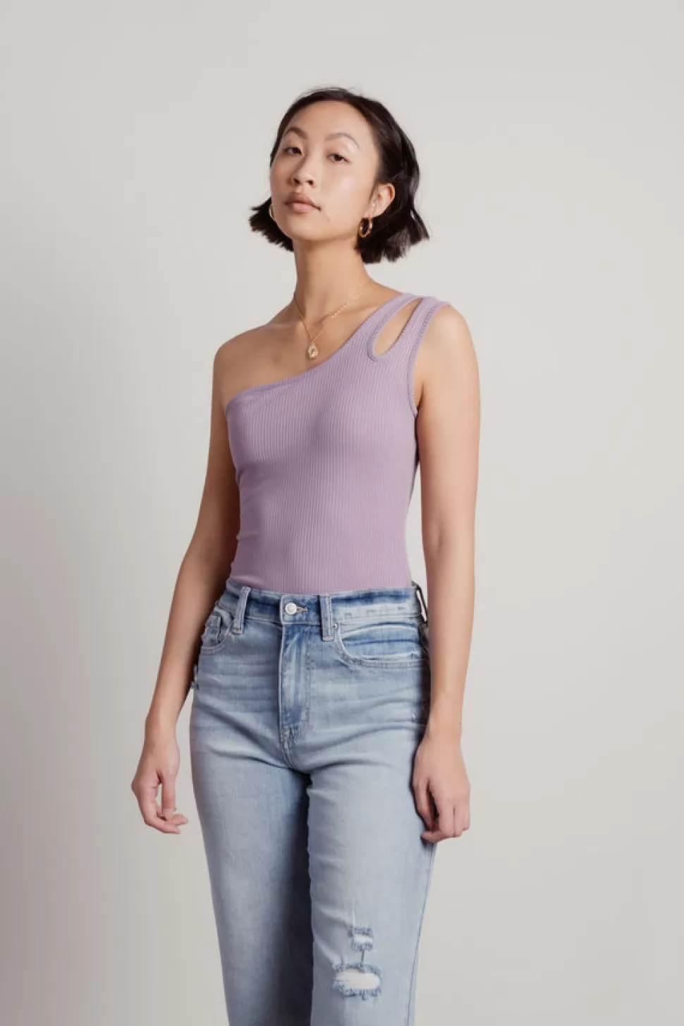 Bodysuits*Tobi Mayra Ribbed One Shoulder Slit Bodysuit Lavender