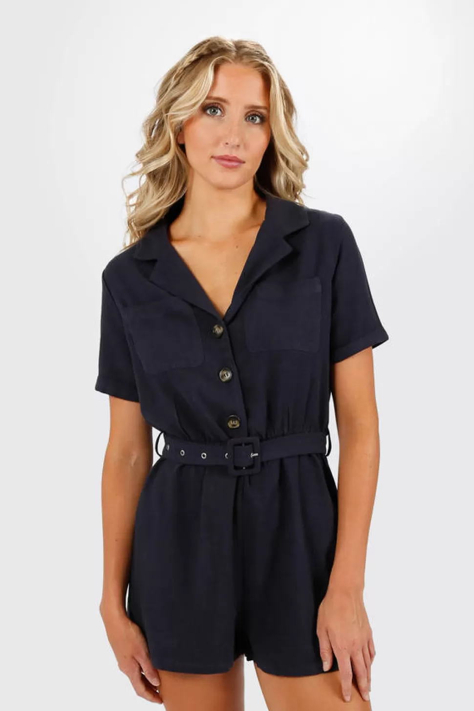 Rompers & Jumpsuits*Tobi Meyer Button Front Belted Romper Dark Navy