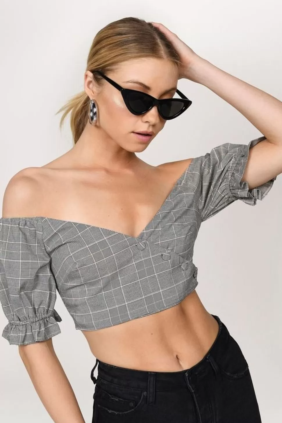 Off The Shoulder Tops*Tobi Mia Off Shoulder Puff Sleeve Plaid Top Grey Multi