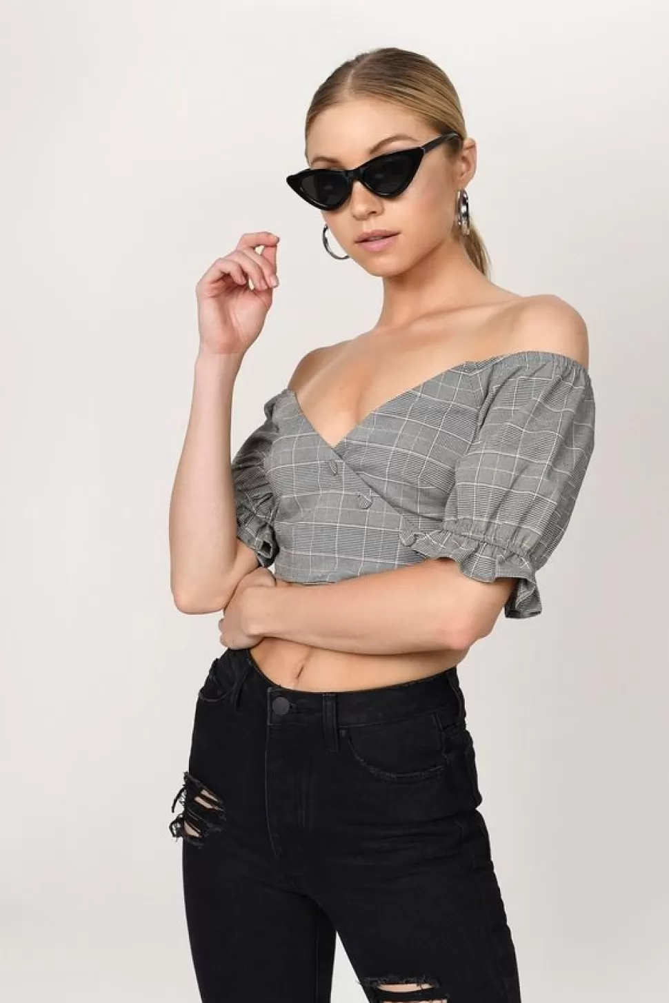 Off The Shoulder Tops*Tobi Mia Off Shoulder Puff Sleeve Plaid Top Grey Multi