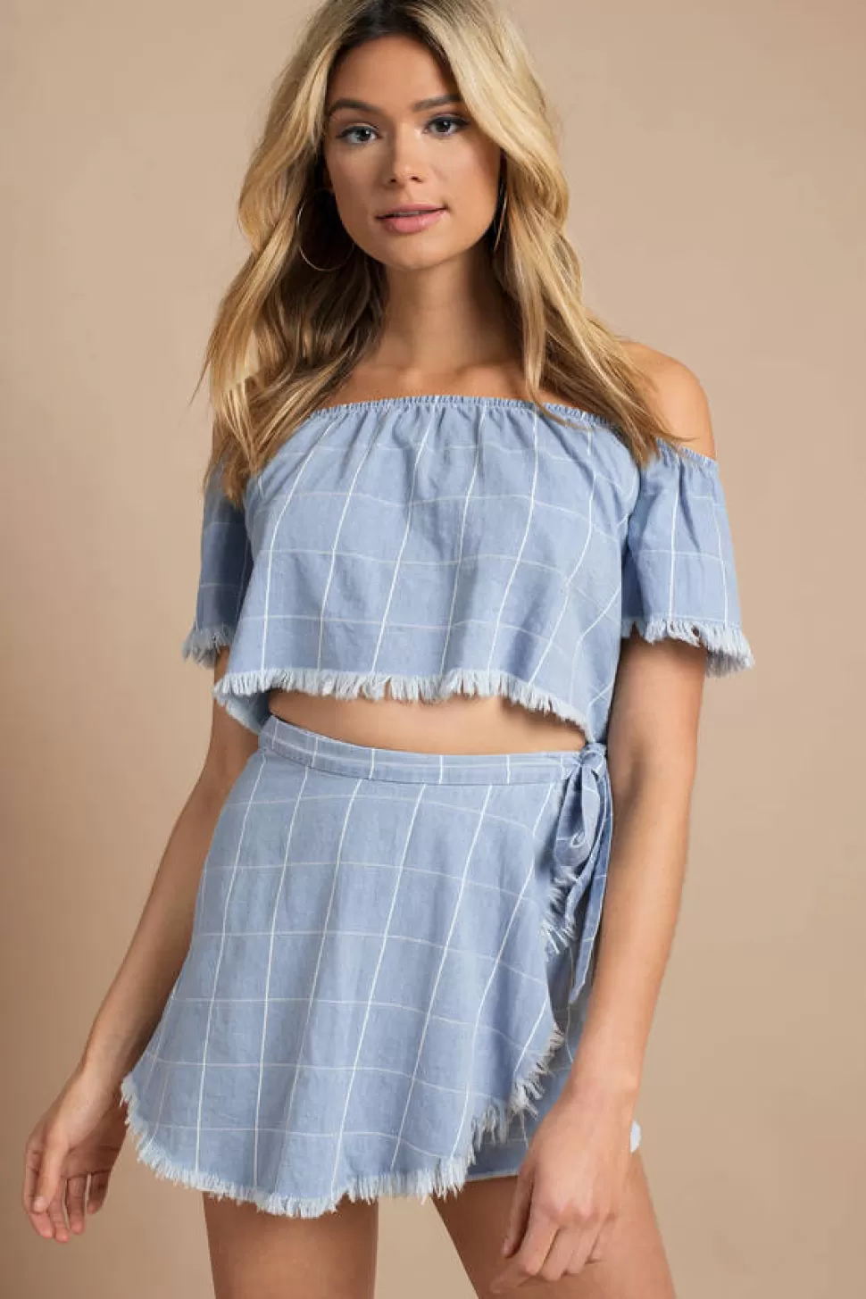 Off The Shoulder Tops*Tobi Millie Chambray Crop Top Blue Multi