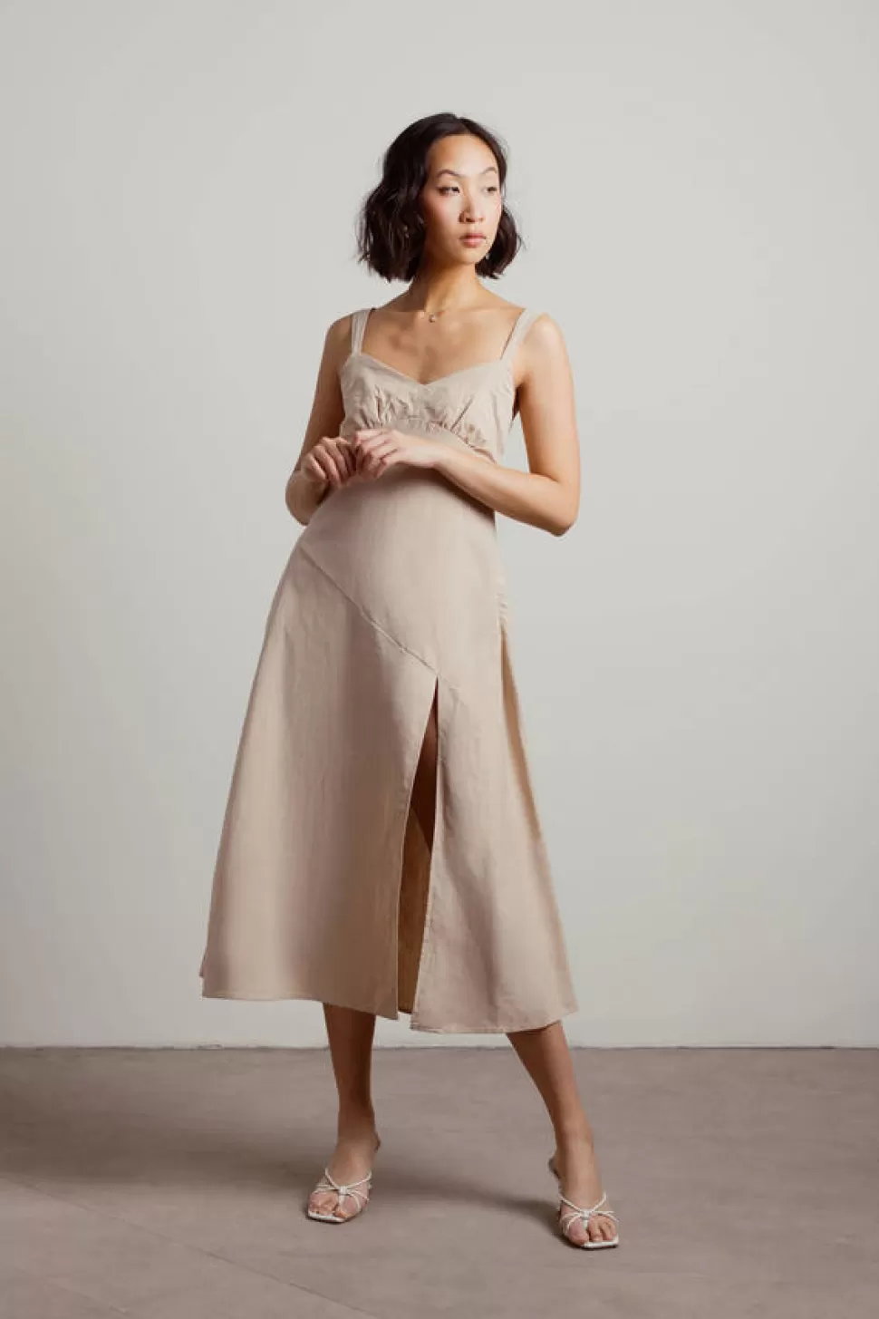 Casual Dresses*Tobi My Sweetheart Ruched Midi Dress Khaki