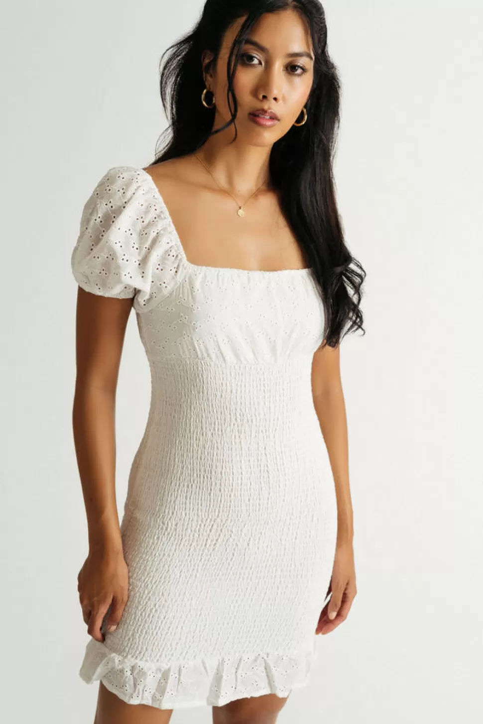 Casual Dresses*Tobi Namuro Smocked Eyelet Bodycon Dress Off White | Blue