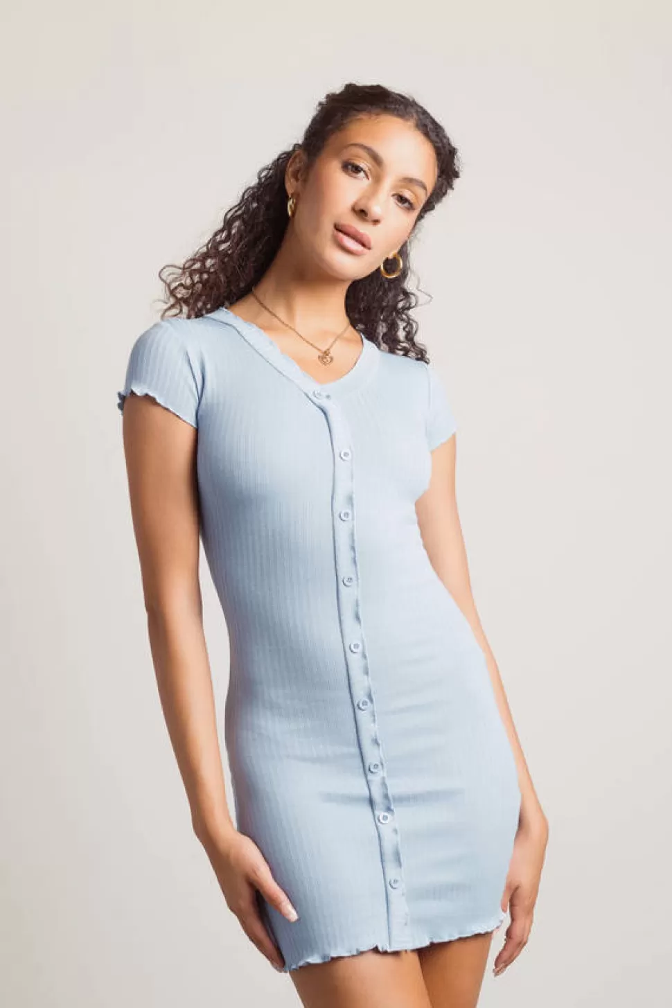 Casual Dresses*Tobi Nanae Lettuce Edge Button Bodycon Dress Blue