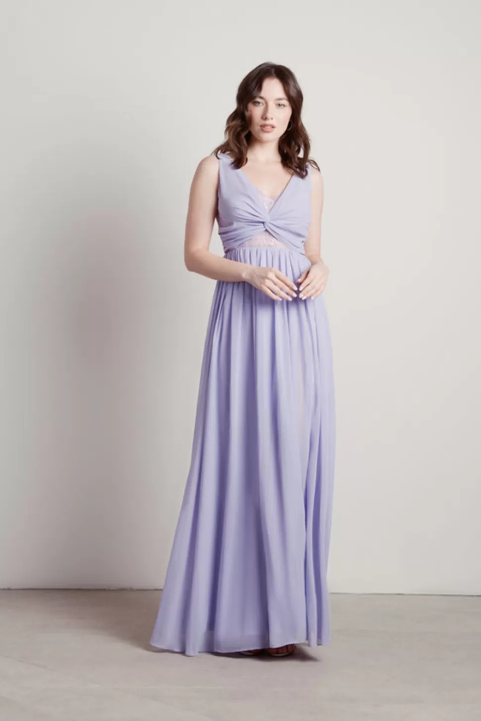 Black Tie & Evening Dresses*Tobi Natasha Lace Chiffon Knotted Slit Maxi Dress Lavender