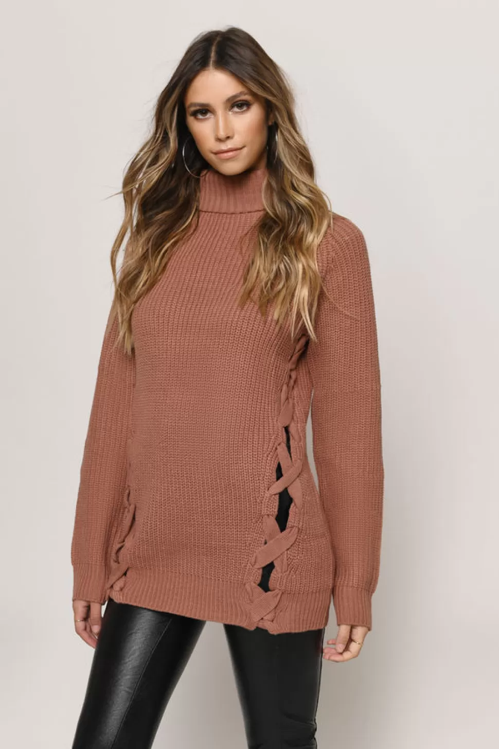 Long Sleeve Tops*Tobi Need You Lace Up Turtle Neck Sweater Terracotta | Cream | Wine