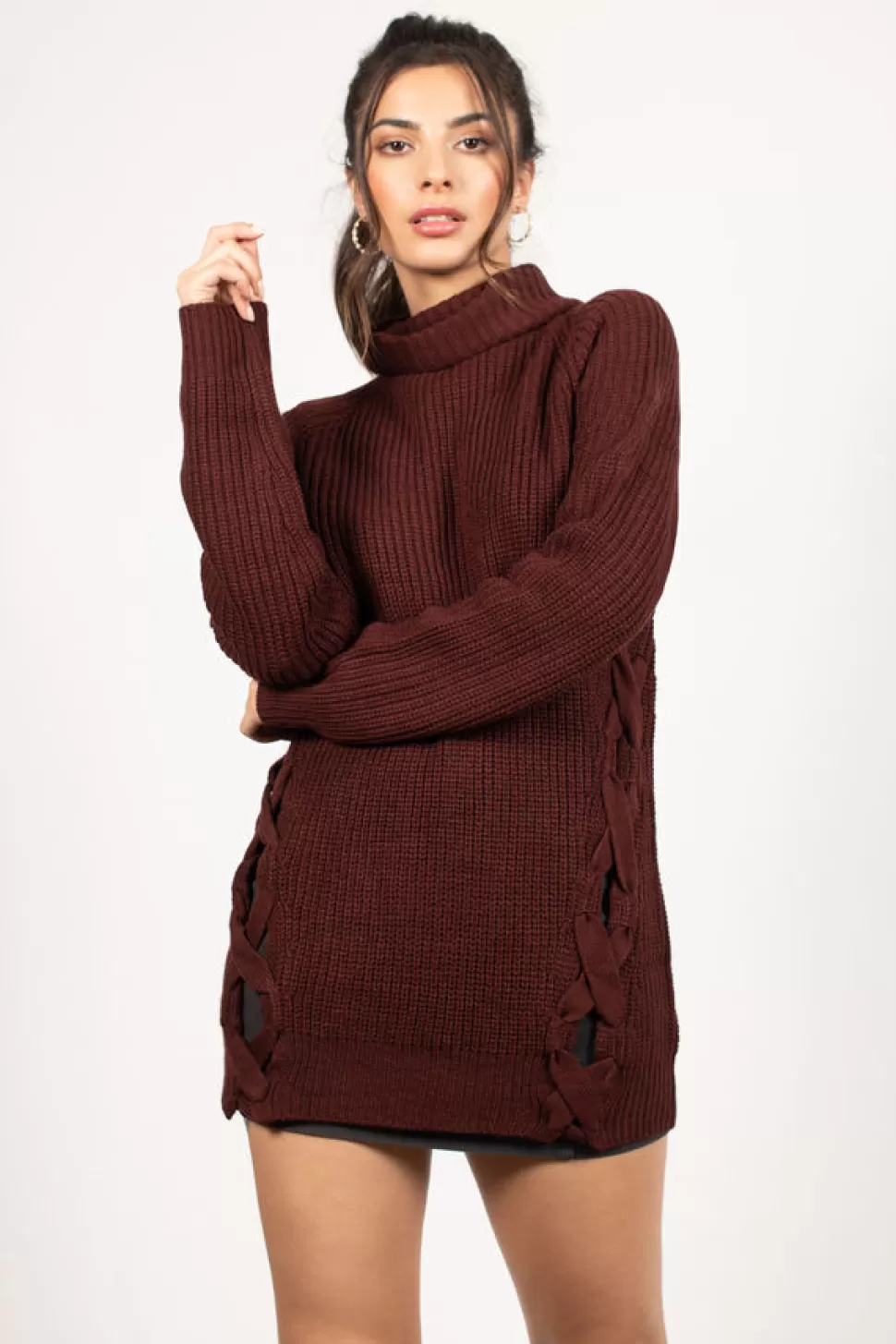 Jackets*Tobi Need You Lace Up Turtle Neck Sweater Terracotta | Cream | Wine