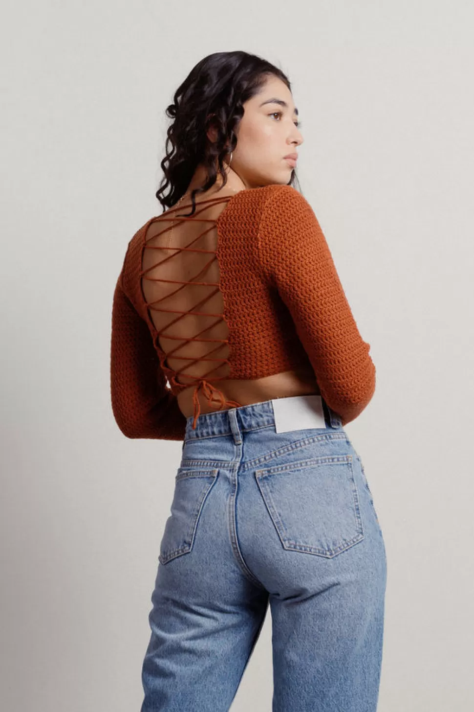 Long Sleeve Tops*Tobi Nels Back Lace Up Knit Long Sleeve Crop Top Rust