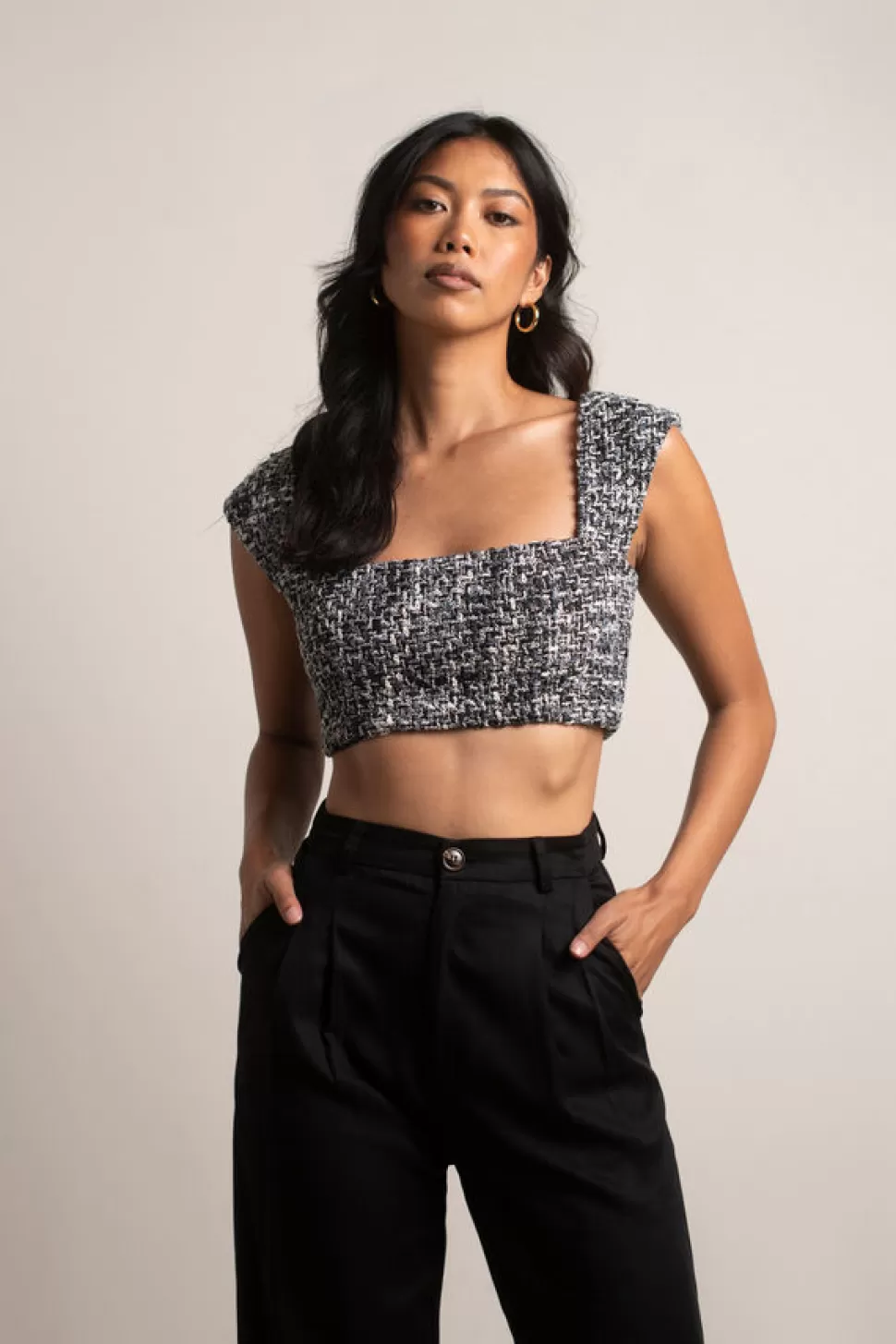 Going Out Tops*Tobi No New Friends Tweed Crop Top Black Multi | Multi