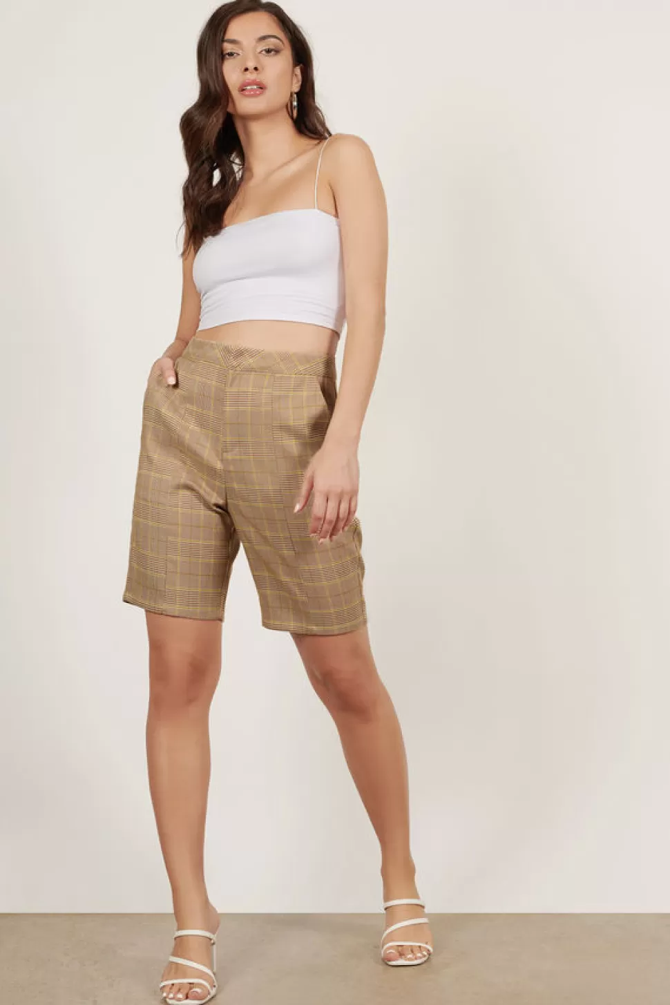 Shorts*Tobi No Worries Plaid Bermuda Shorts Tan