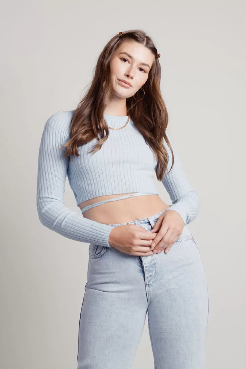 Crop Tops*Tobi Nollie Ribbed Wrap Ties Crop Sweater Baby Blue | Black