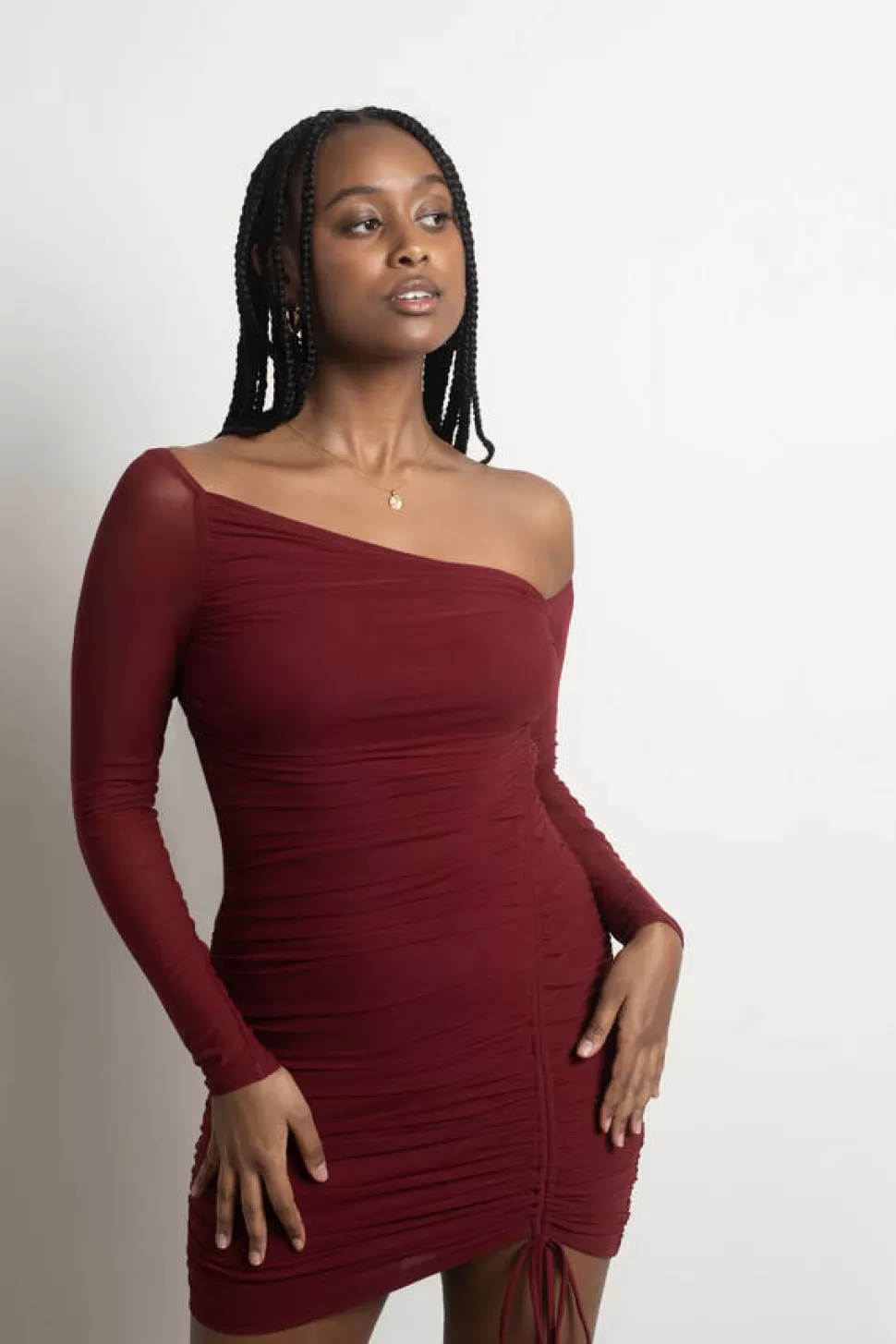 Bodycon Dresses*Tobi Not A Problem Mesh Ruched Bodycon Mini Dress Burgundy