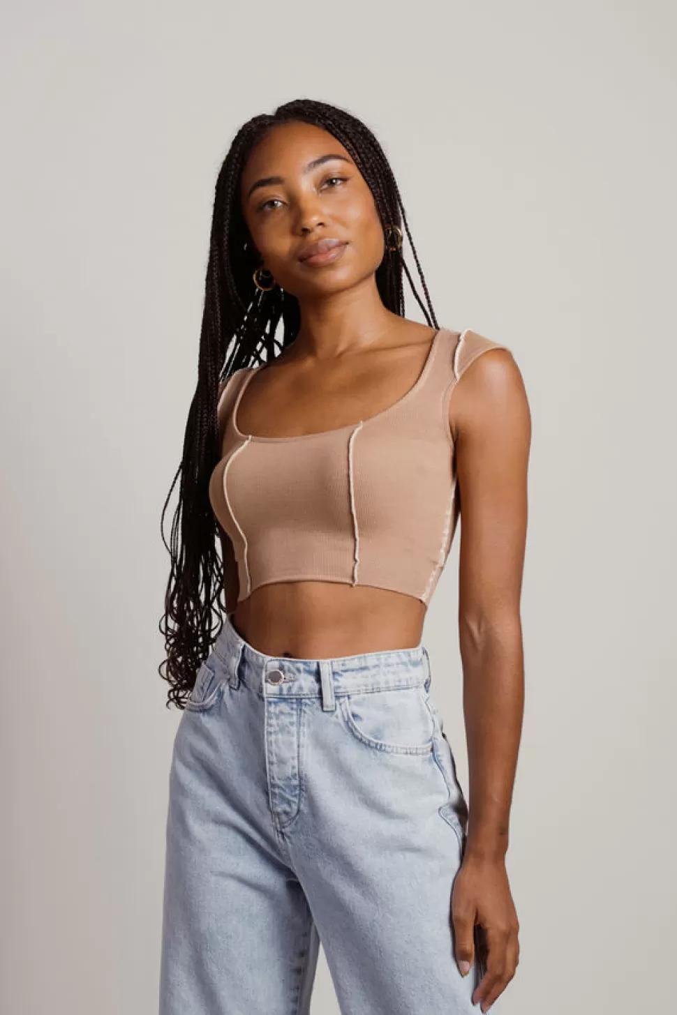 Crop Tops*Tobi Not My Problem Contrast Stitch Crop Top Brown | Black | Off White