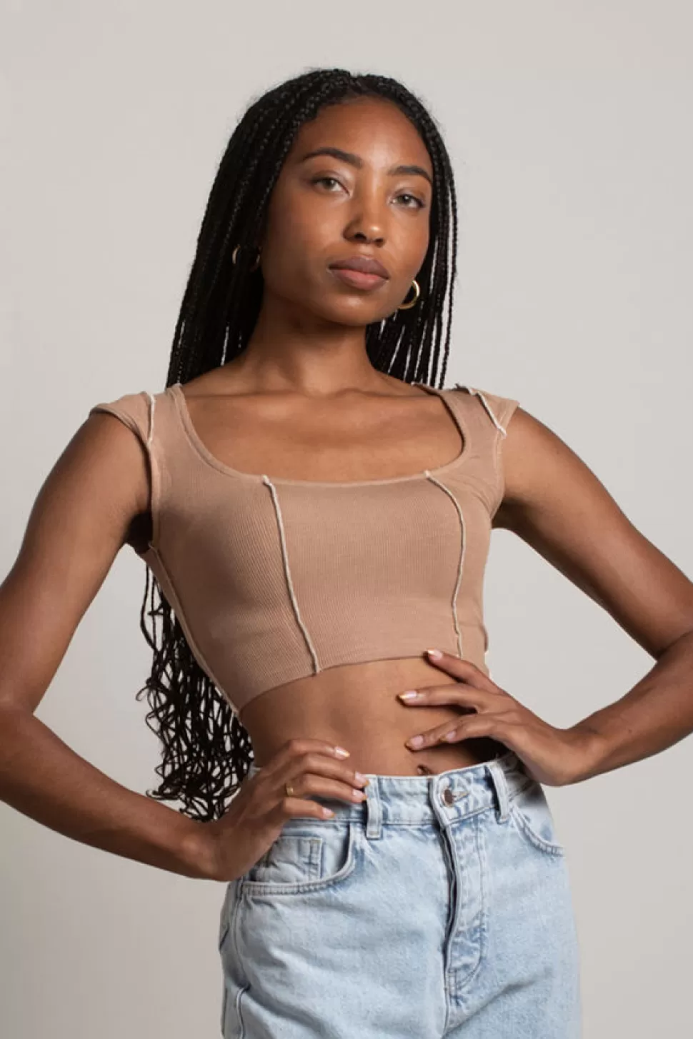 Crop Tops*Tobi Not My Problem Contrast Stitch Crop Top Brown | Black | Off White