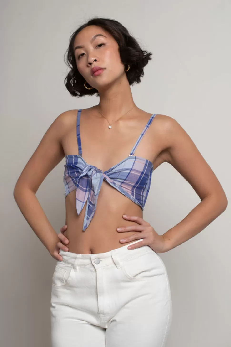 Going Out Tops*Tobi Ojas Plaid Tie Front Crop Top Lavender Multi