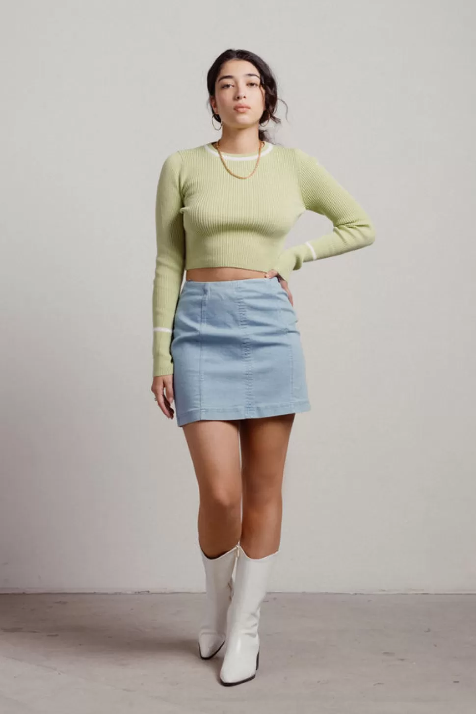 Long Sleeve Tops*Tobi Olsen Contrast Long Sleeve Ribbed Crop Sweater Lime Green