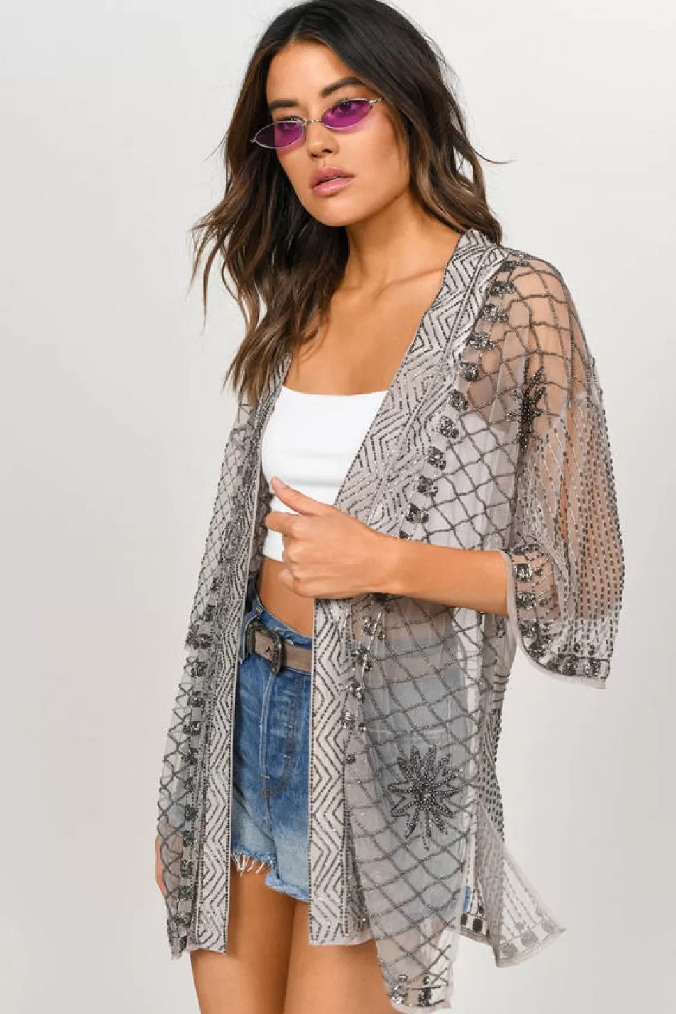 Cover Ups*Tobi Once Yours Embellished Kimono Grey