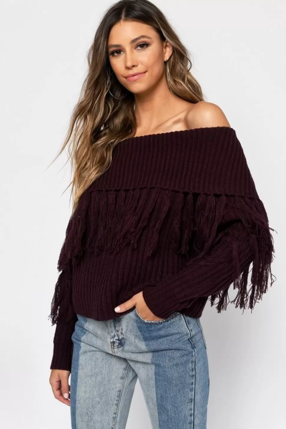 Off The Shoulder Tops*Tobi One More Fringe Sweater Wine | Camel | Black