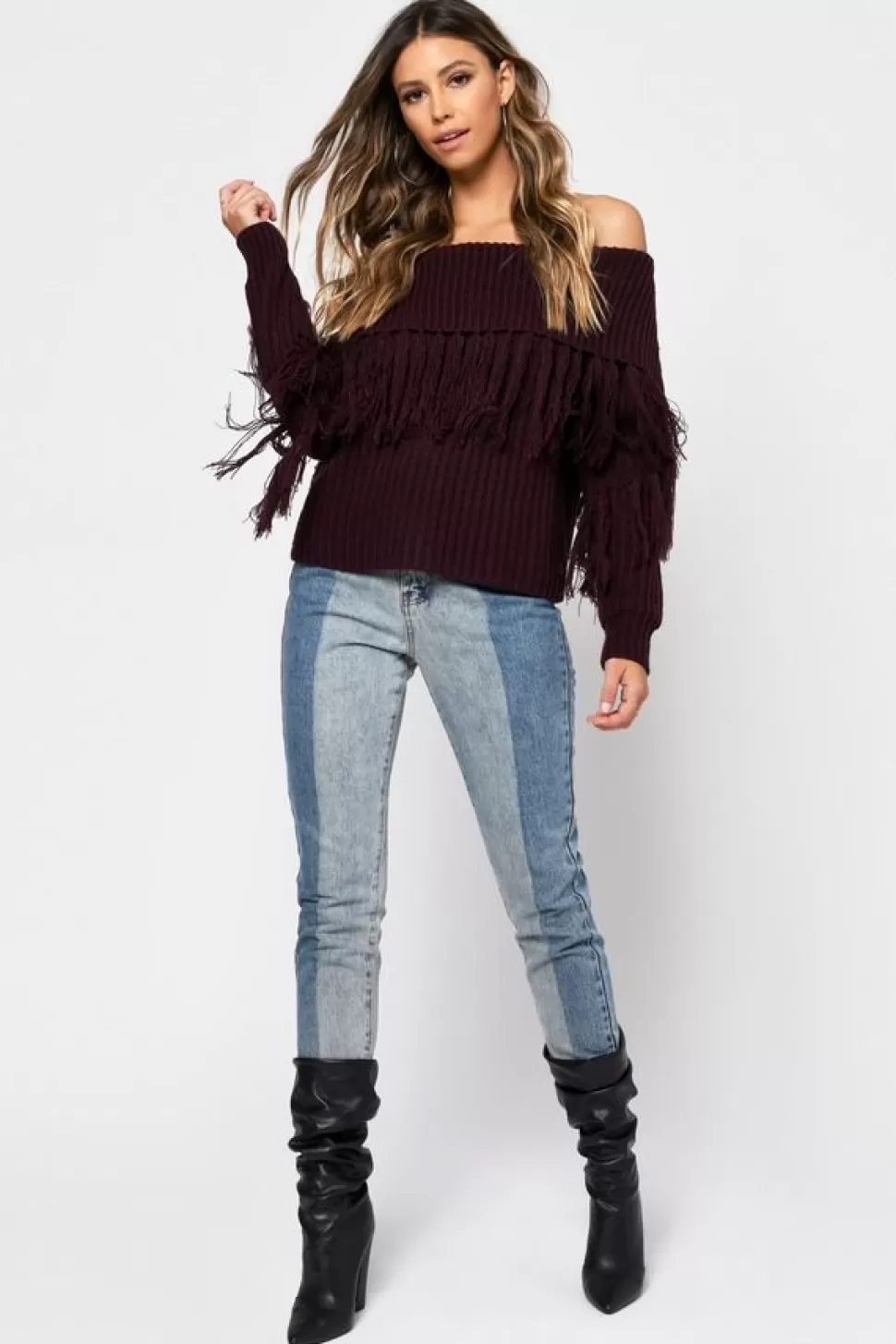 Off The Shoulder Tops*Tobi One More Fringe Sweater Wine | Camel | Black