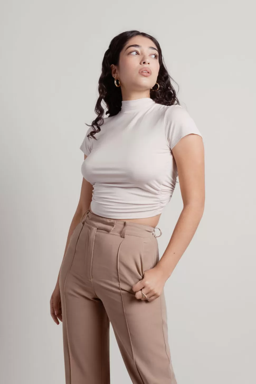 Backless Tops*Tobi One More Time Mock Neck Backless Crop Top Taupe