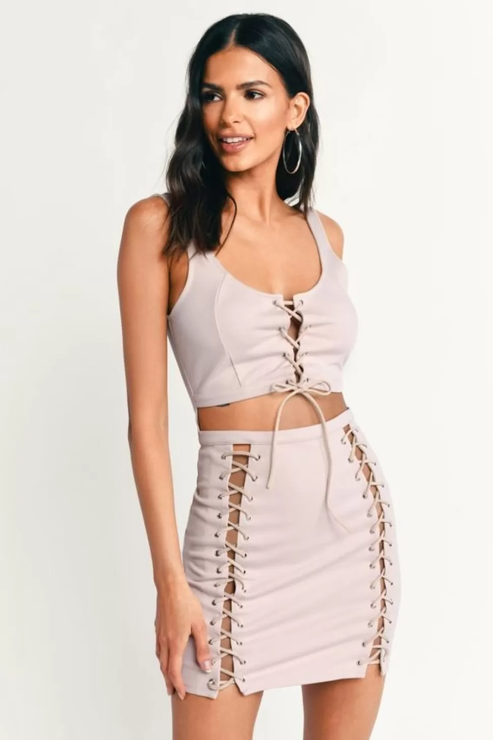 Skirts*Tobi Out Of Your League Lace Up Bodycon Dress Nude