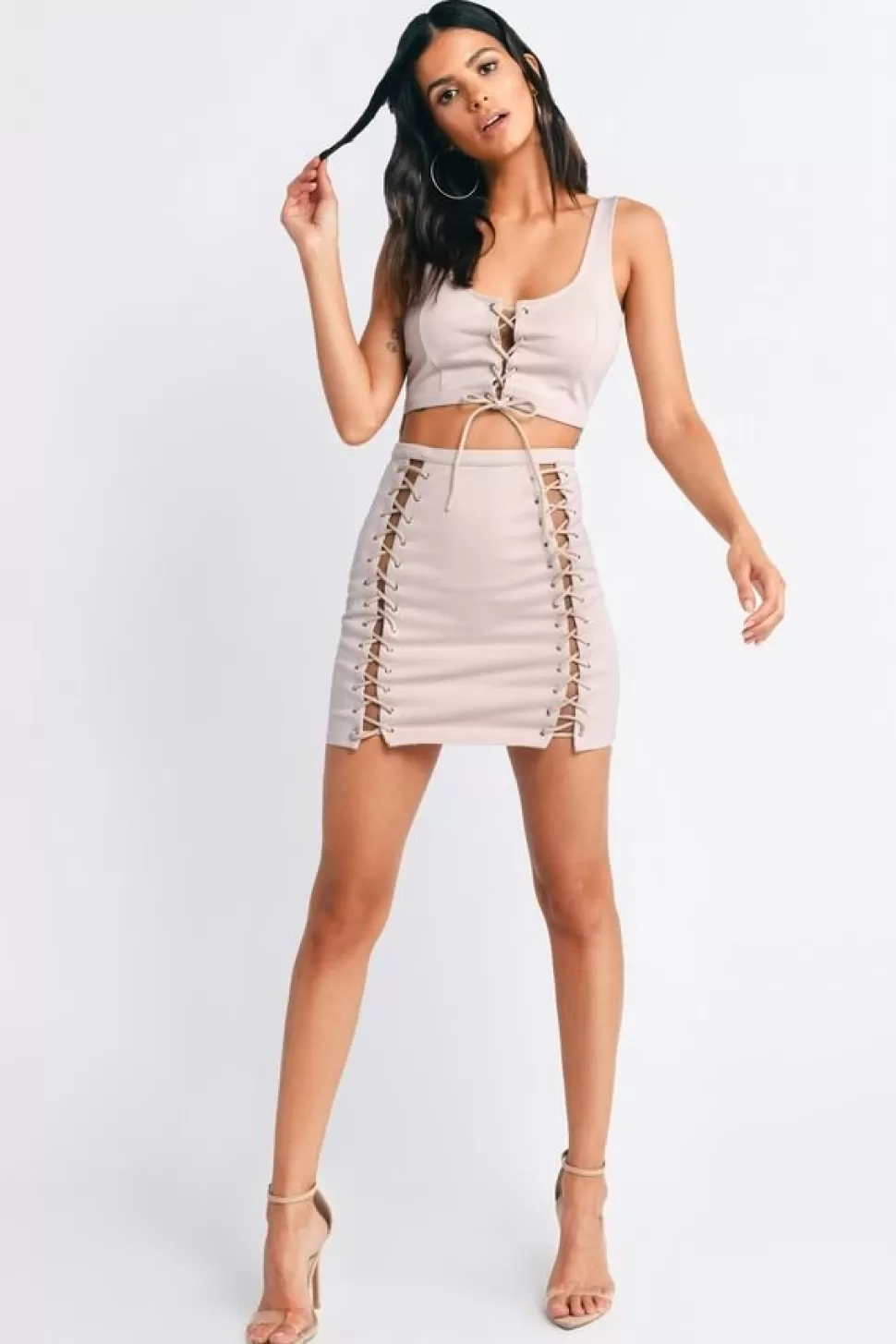 Skirts*Tobi Out Of Your League Lace Up Bodycon Dress Nude