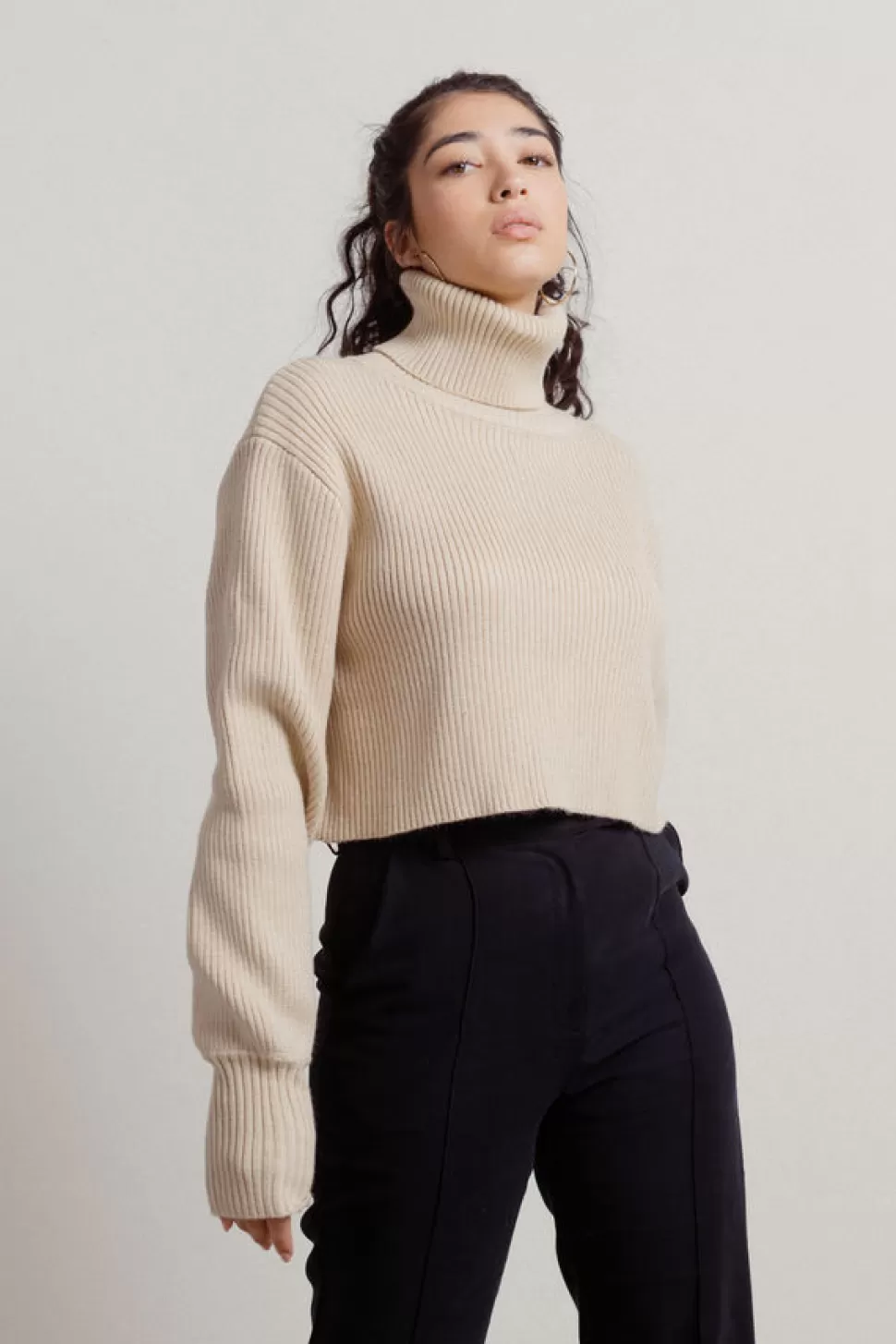 Long Sleeve Tops*Tobi Overthinking Ribbed Turtleneck Cropped Sweater Beige