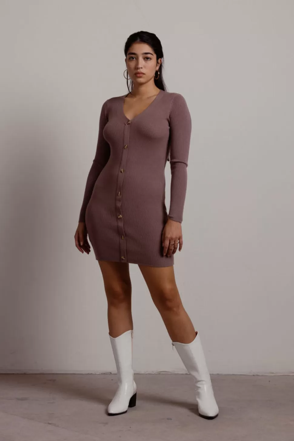 Bodycon Dresses*Tobi Oxnard Button Ribbed Sweater Bodycon Dress Mocha