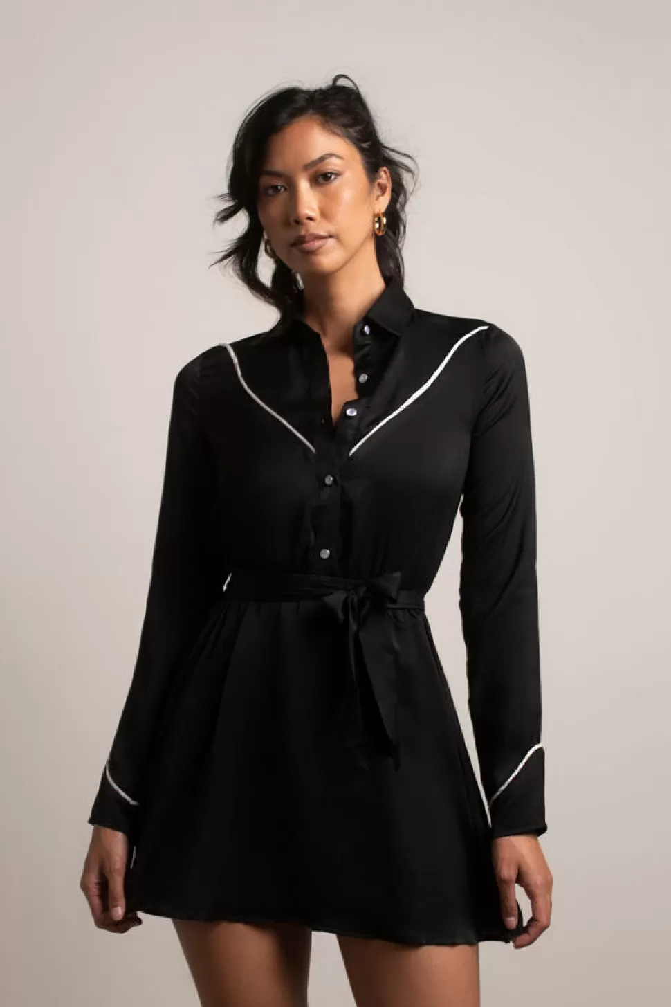 Skater Dresses*Tobi Patty Western Button Up Satin Skater Dress Black