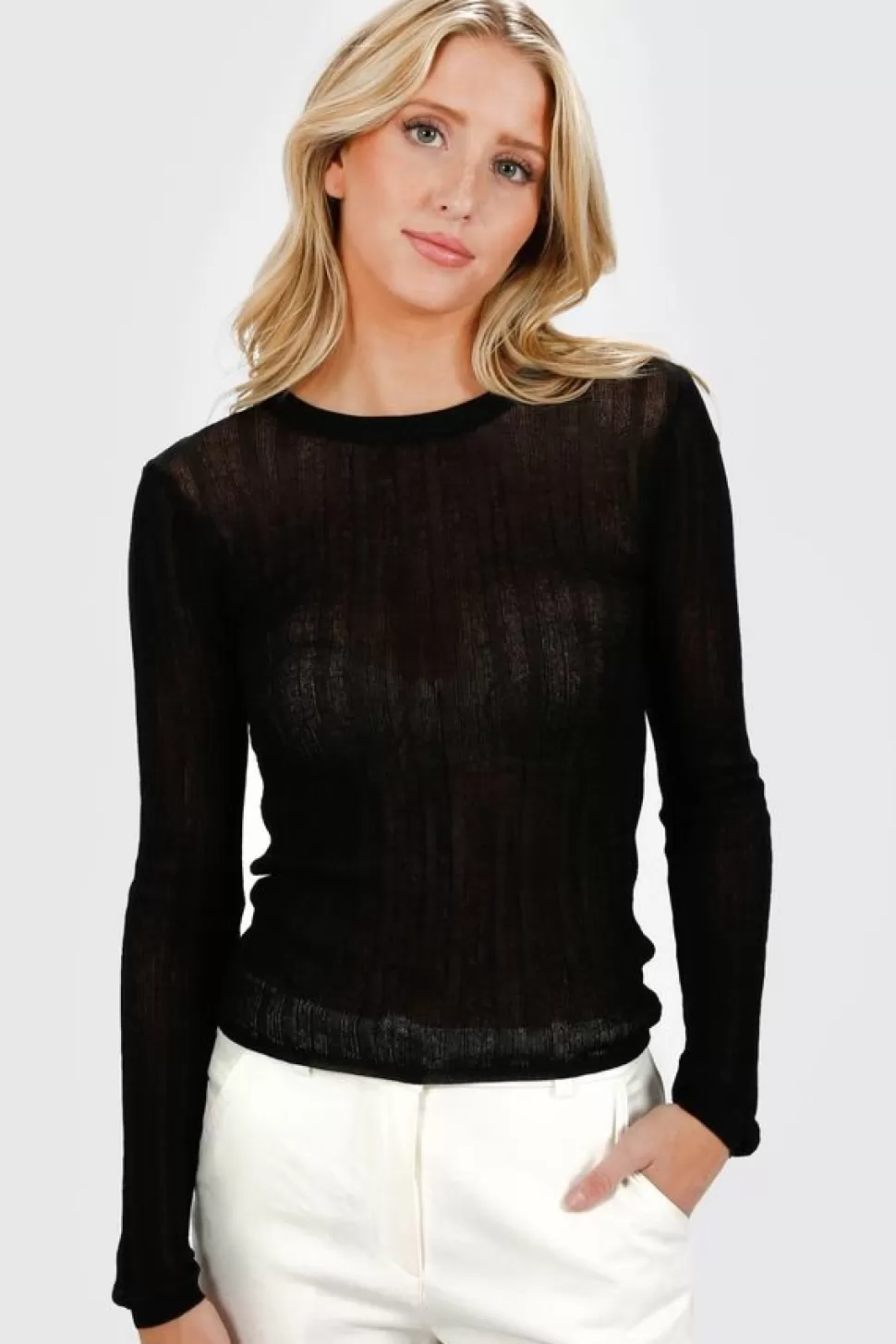 Long Sleeve Tops*Tobi Paulette Semi-Sheer Knit Top Black | White