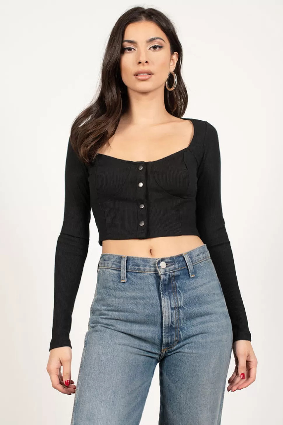 Crop Tops*Tobi Peoria Ribbed Button Up Top Black