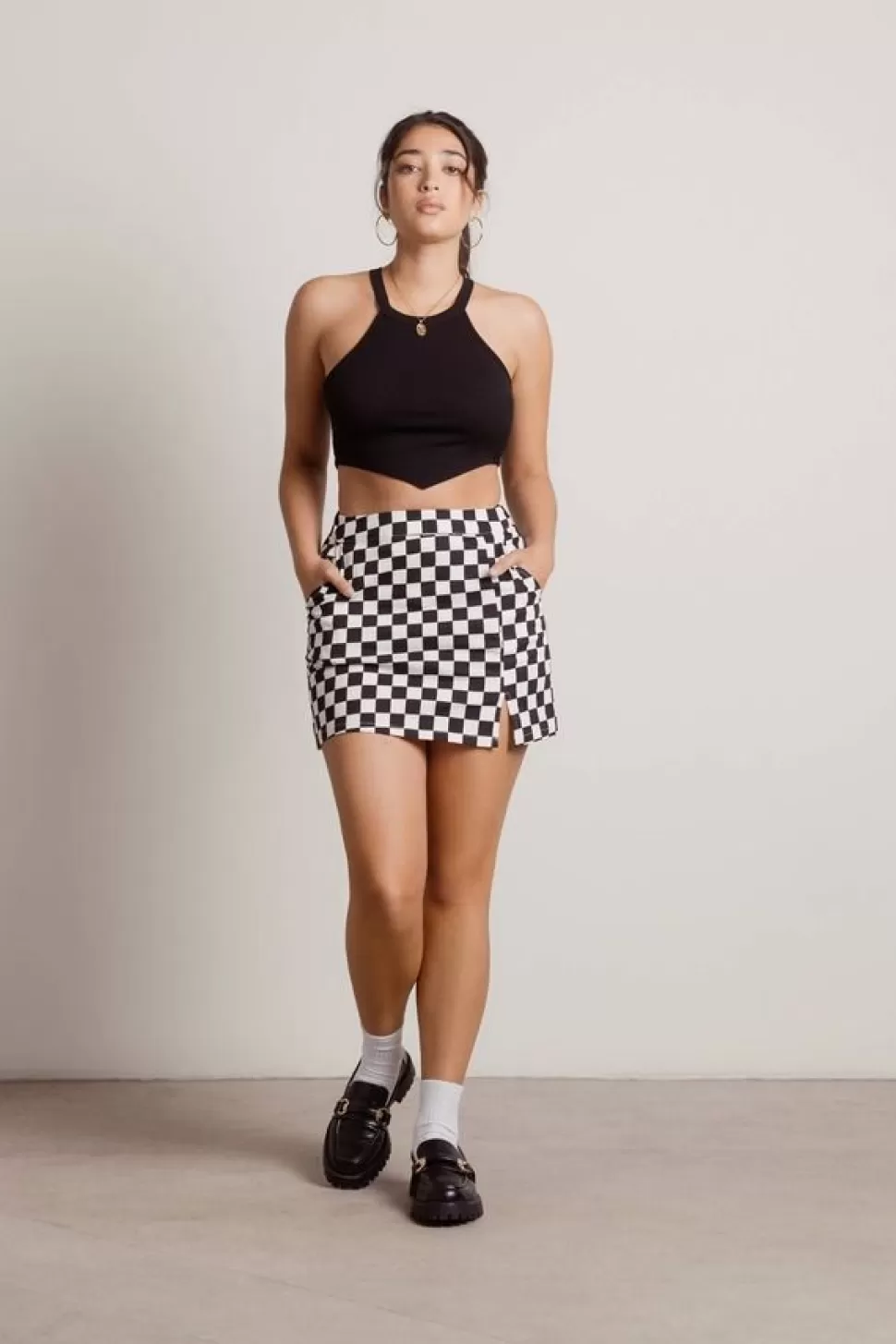 Skirts*Tobi Privacy Please Checkered Slit Mini Skirt Black & White