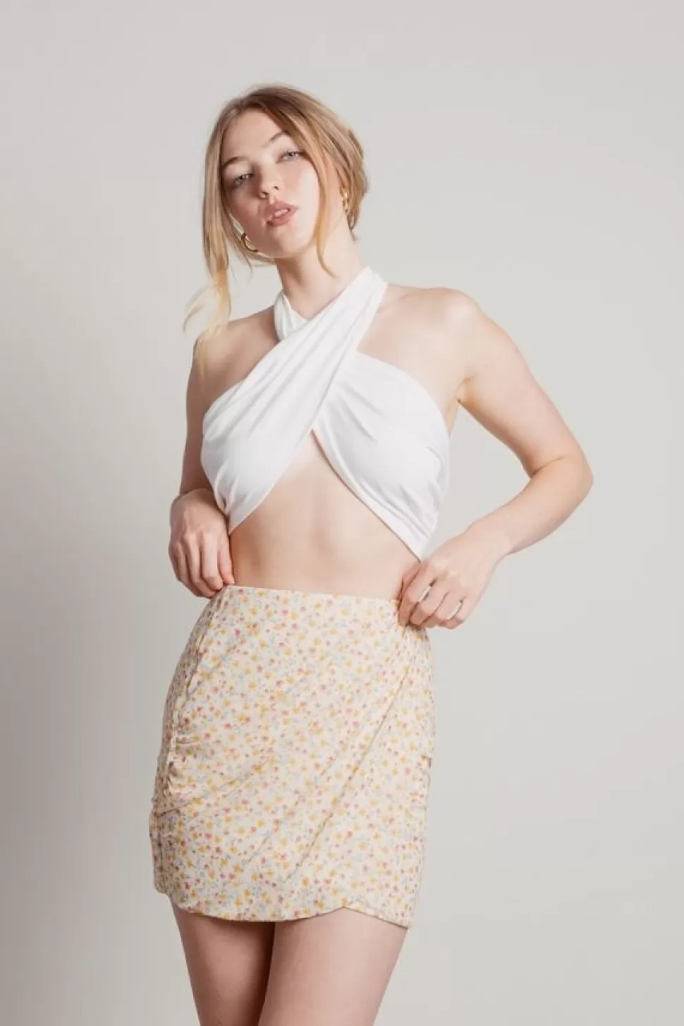 Skirts*Tobi Pure Poetry Floral Faux Wrap Skirt Cream Coral