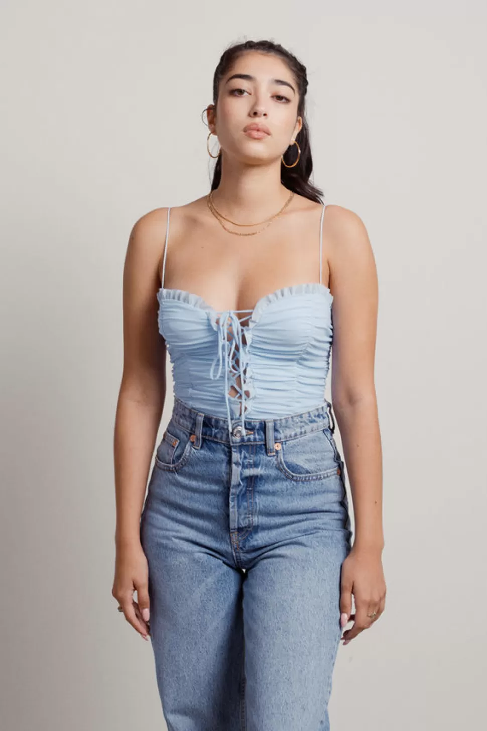 Mesh Tops*Tobi Rae Ruffled And Ruched Lace-Up Mesh Bodysuit Light Blue