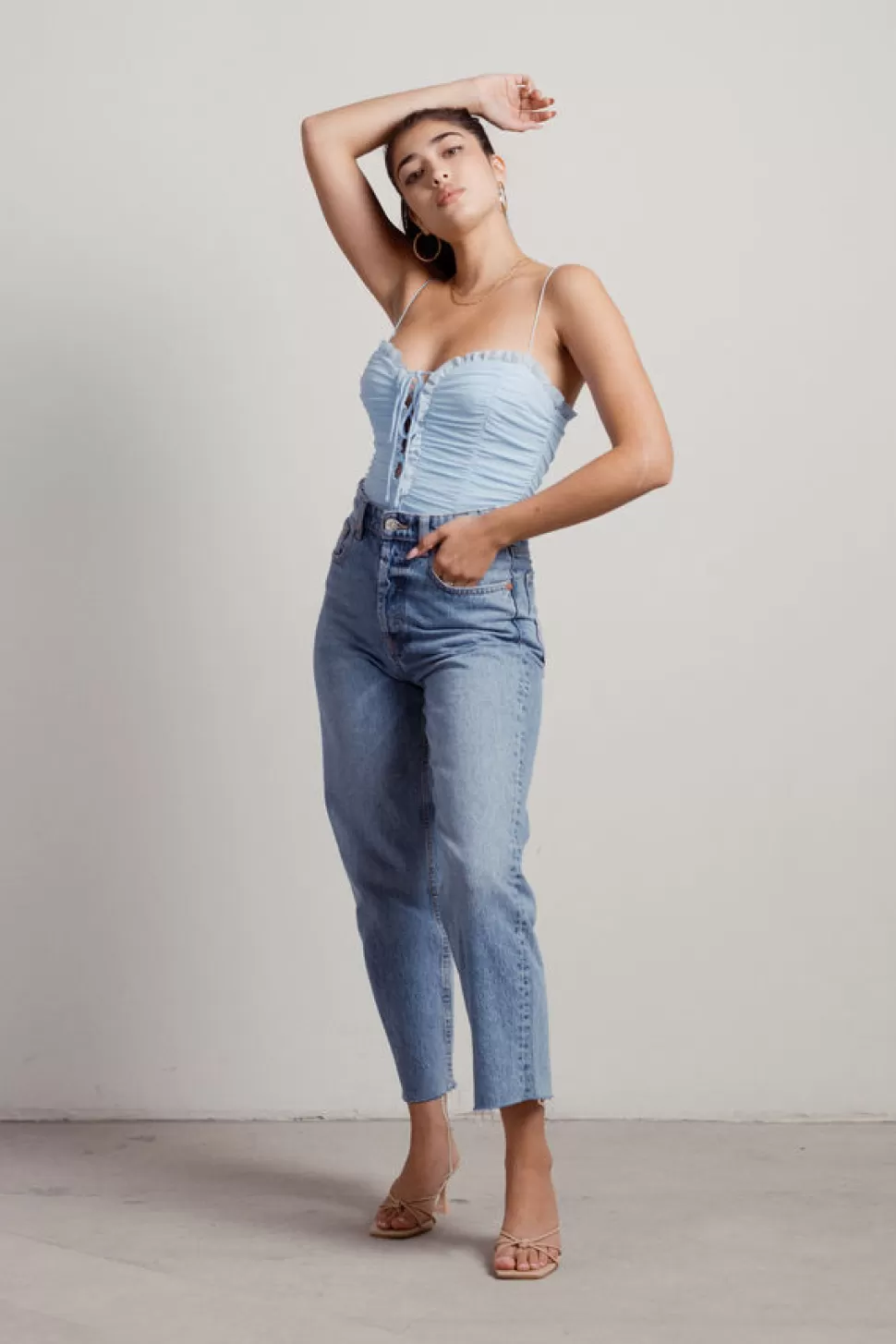 Mesh Tops*Tobi Rae Ruffled And Ruched Lace-Up Mesh Bodysuit Light Blue