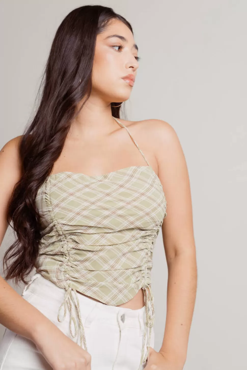 Crop Tops*Tobi Ramie Plaid Ruched Halter Crop Top Green