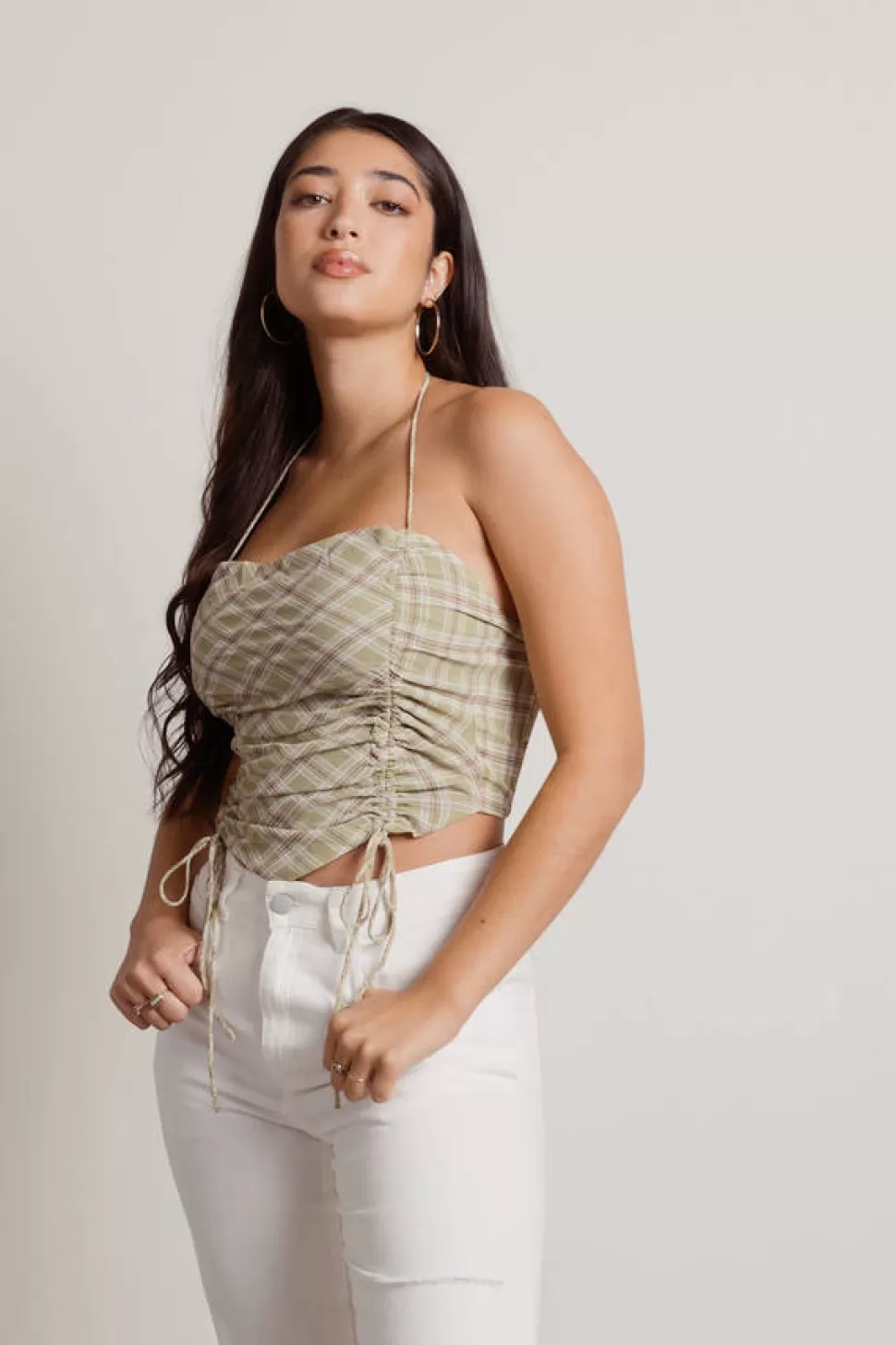 Crop Tops*Tobi Ramie Plaid Ruched Halter Crop Top Green