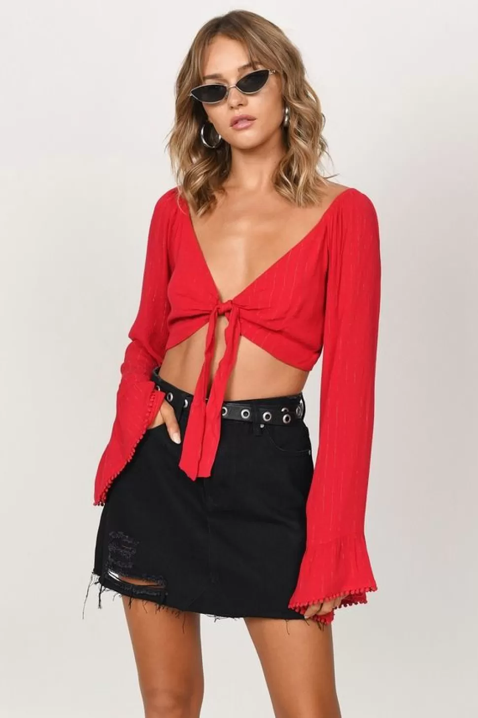 Red Tops*Tobi Raven Ruffle Sleeve Crop Top Red