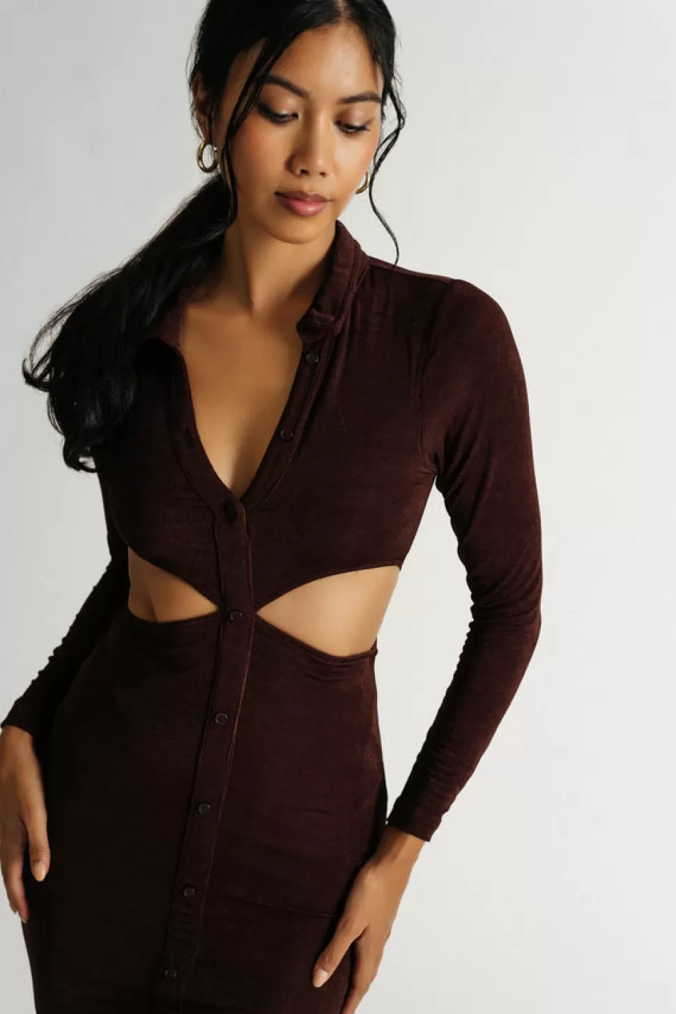 Cut Out Dresses*Tobi Real Feelings Slinky Cutout Bodycon Midi Dress Chocolate Brown | Brick Red