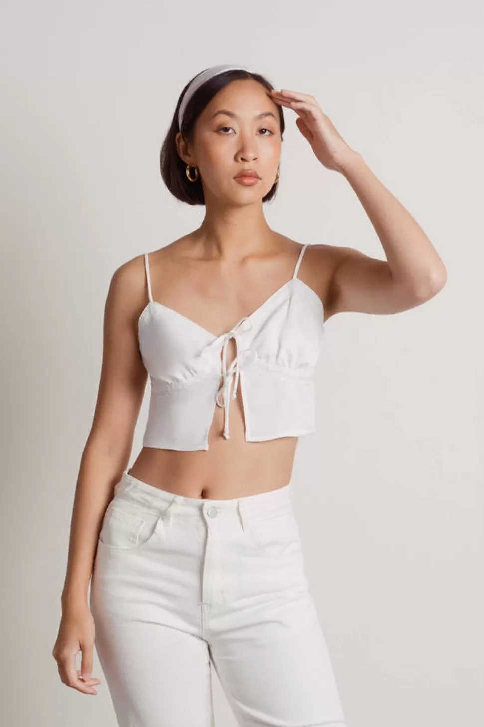 Going Out Tops*Tobi Real One Double Tie Lace Trim Satin Crop Top White