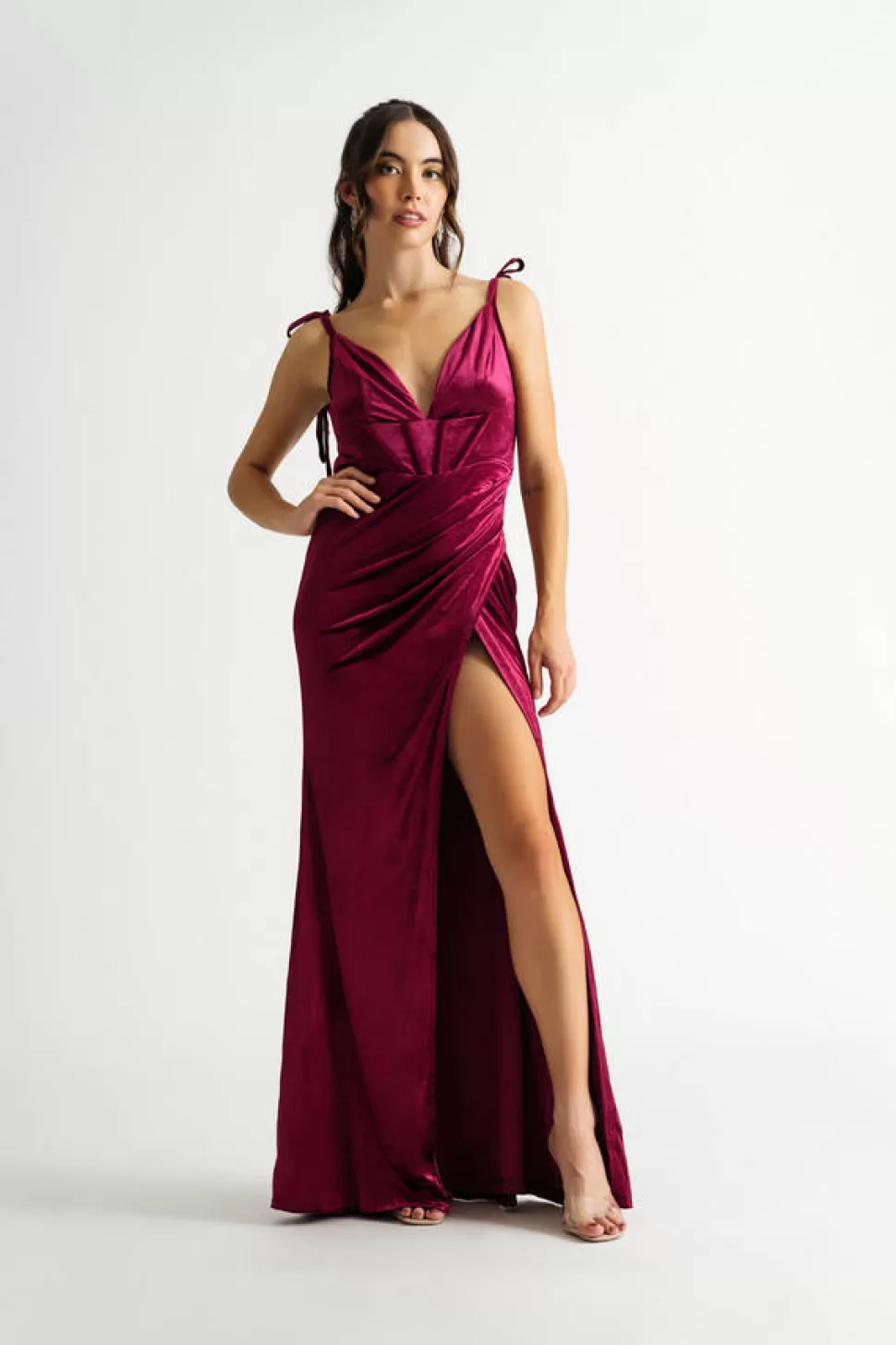 Corset Dresses*Tobi Remember Me Velvet Bustier Slit Maxi Dress Wine